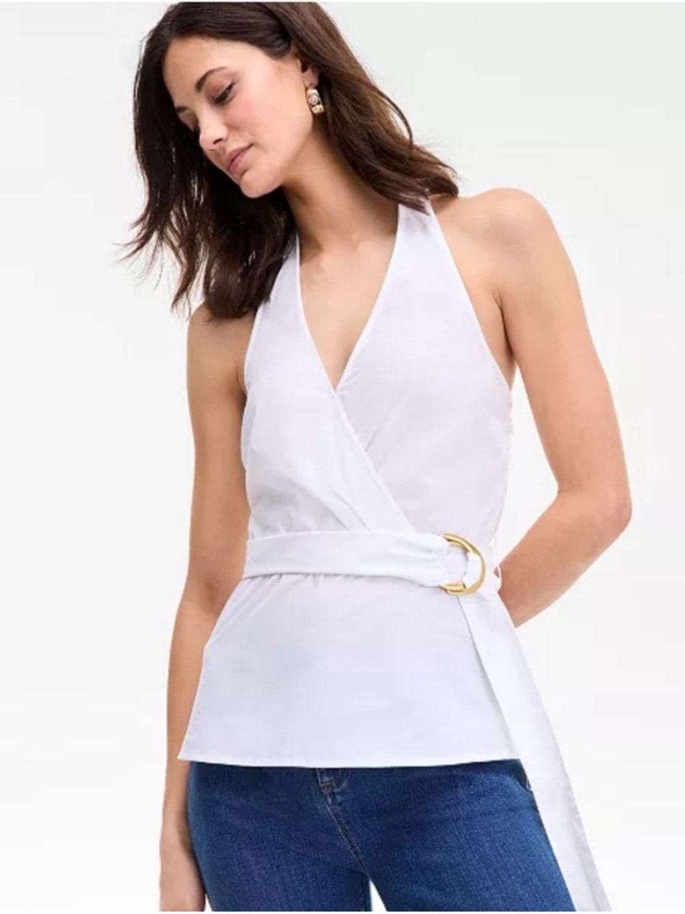 INC International Concepts Sexy Bright White Cotton Belted Surplice Top NWT